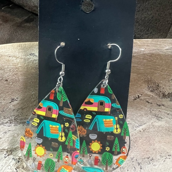 New‎ Handmade Camping themed acrylic Teardrop Dangle Earrings - Picture 1 of 4